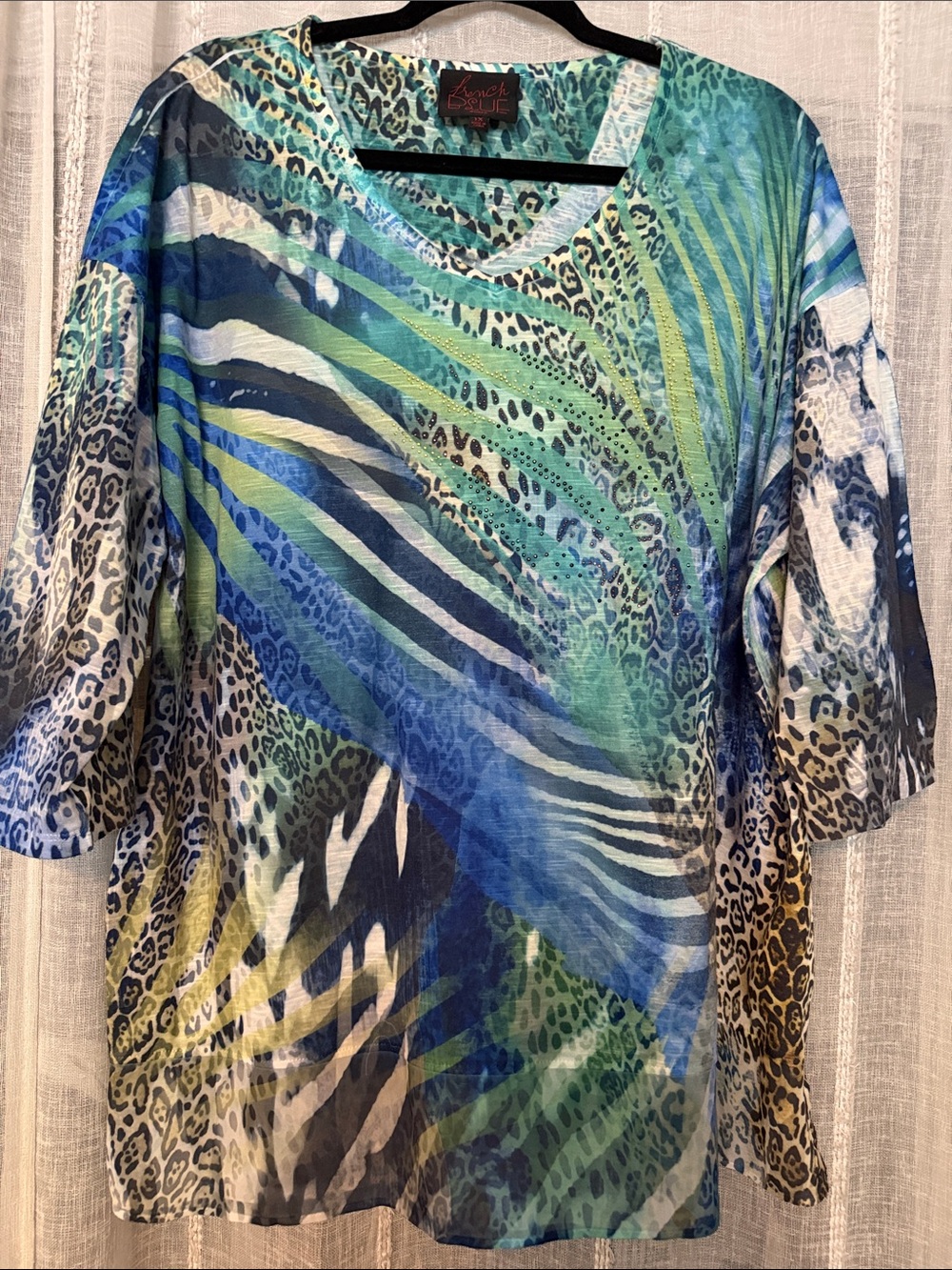 V-Neck Blue & Green Animal-Print Tunic Top 1X embellished
